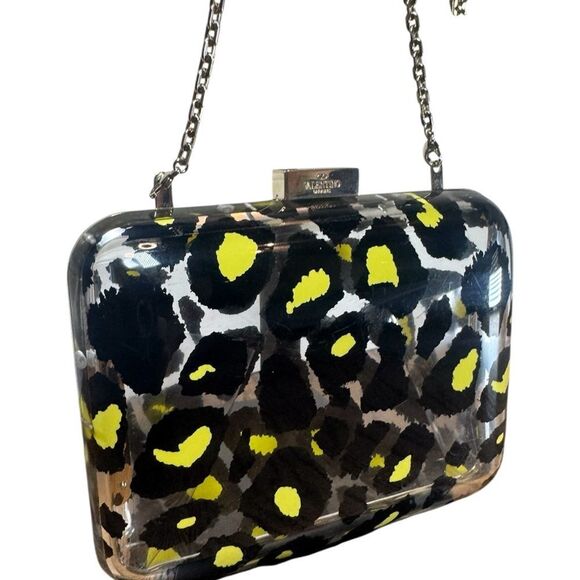 VALENTINO GARAVANI Black Yellow Leopard Print Acrylic Framed Clutch Chainlink - Picture 3 of 15